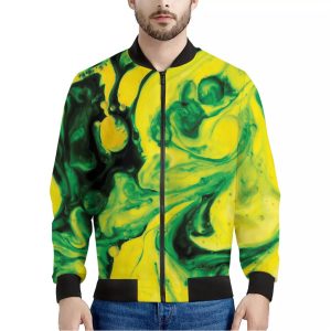 Yellow And Green Acid Melt Print Bomber Jacket