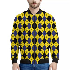 Yellow Blue And Black Argyle Print Bomber Jacket