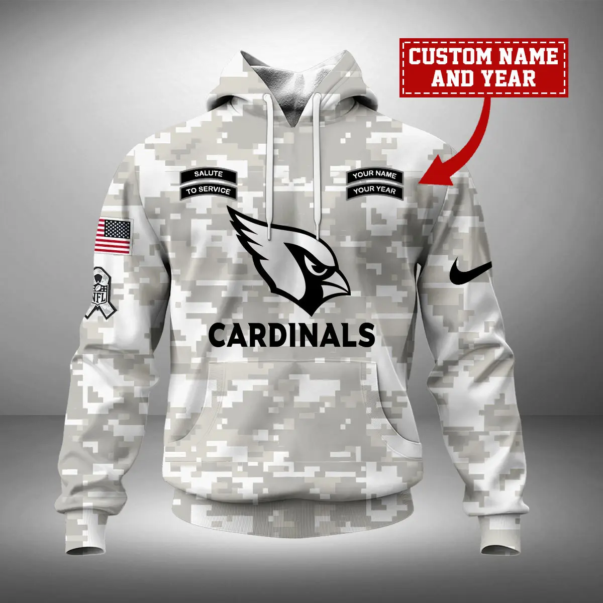Arizona Cardinals NFL Arctic Camo 2024 Salute to Service Custom Name And Year Unisex Hoodie WUH1001