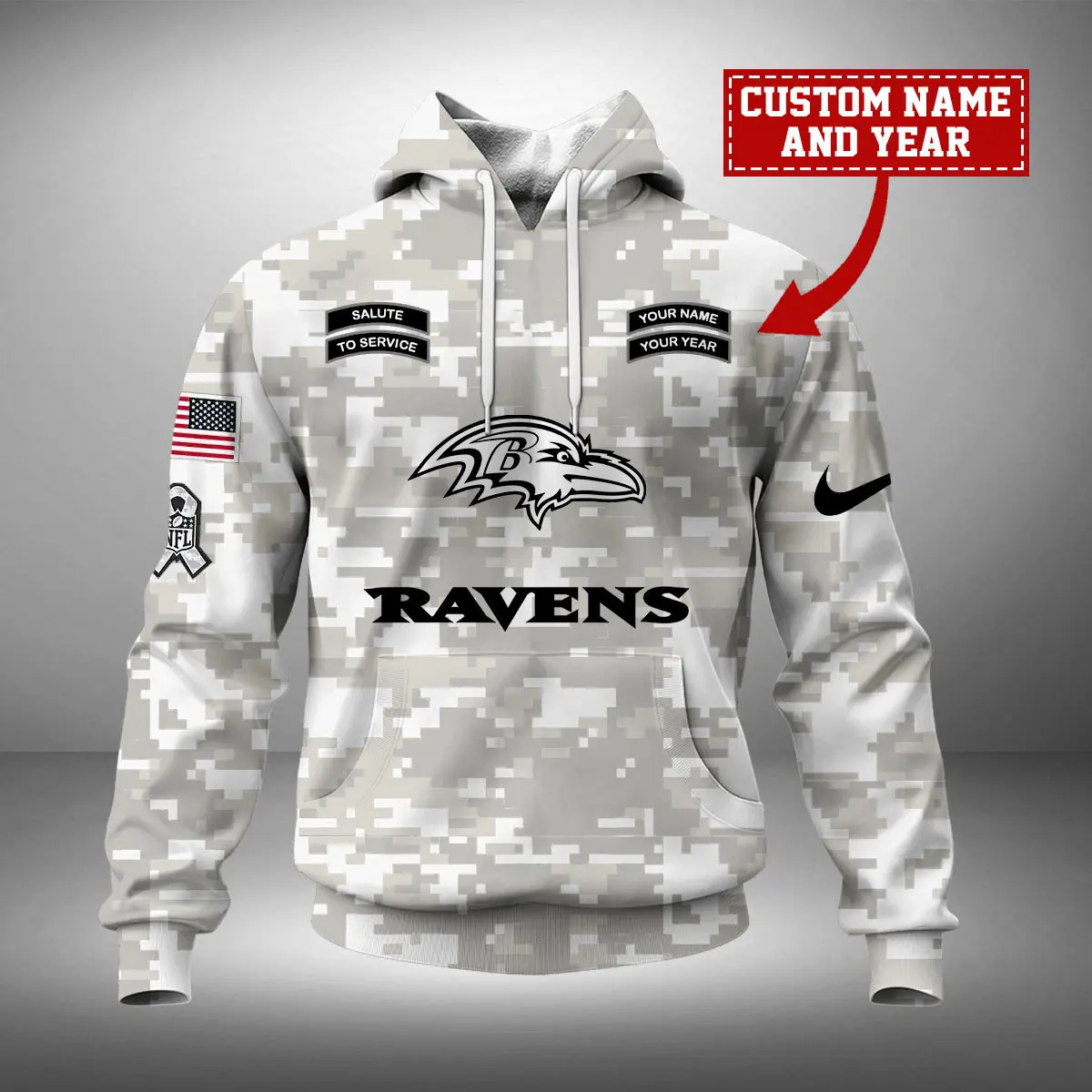 Baltimore Ravens NFL Arctic Camo 2024 Salute to Service Custom Name And Year Unisex Hoodie WUH1000