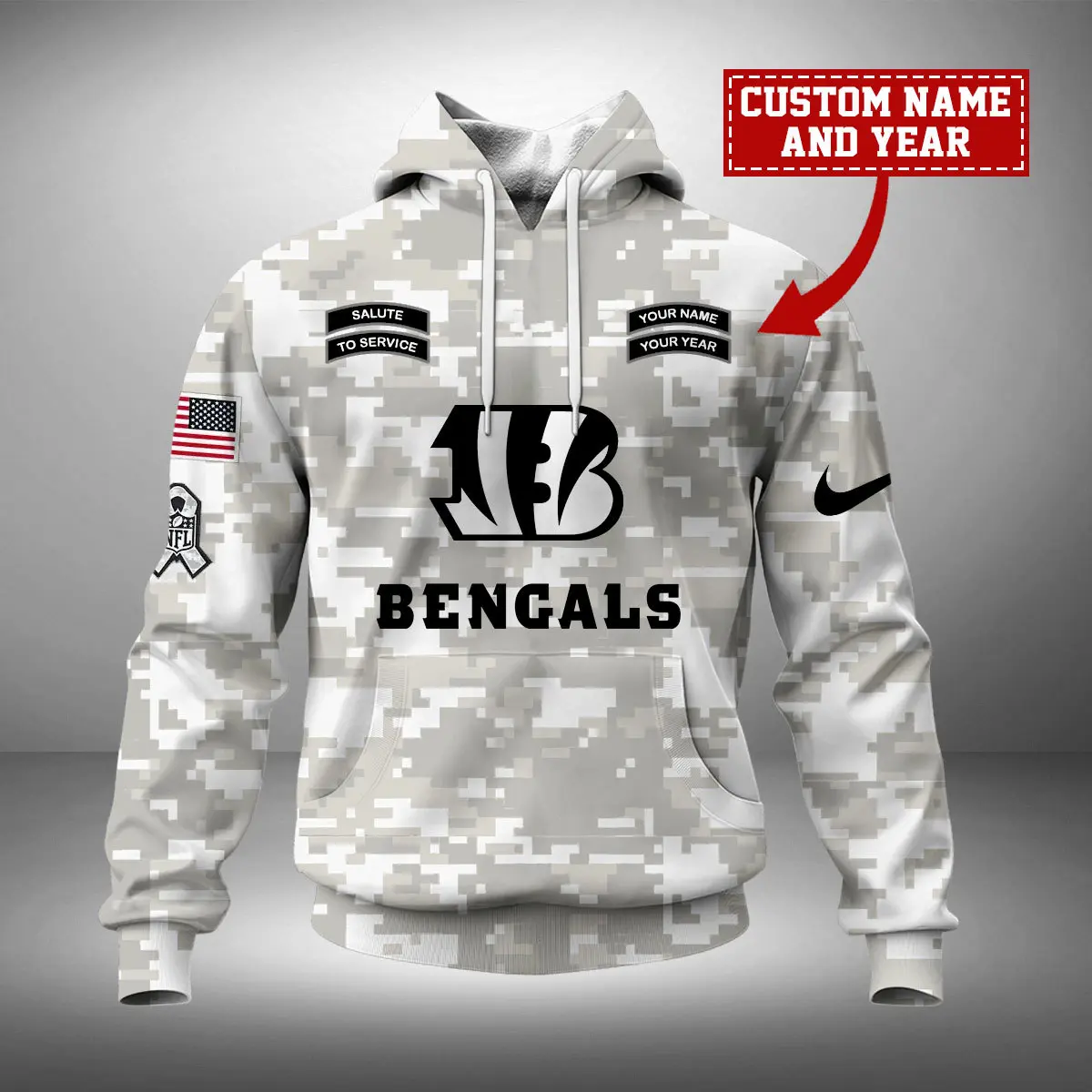 Cincinnati Bengals NFL Arctic Camo 2024 Salute to Service Custom Name And Year Unisex Hoodie WUH1009