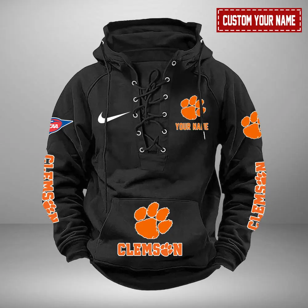 Clemson Tigers NCAA Swoosh Hooded Lace Up Hoodie Vintage Retro Hoodie Custom Name