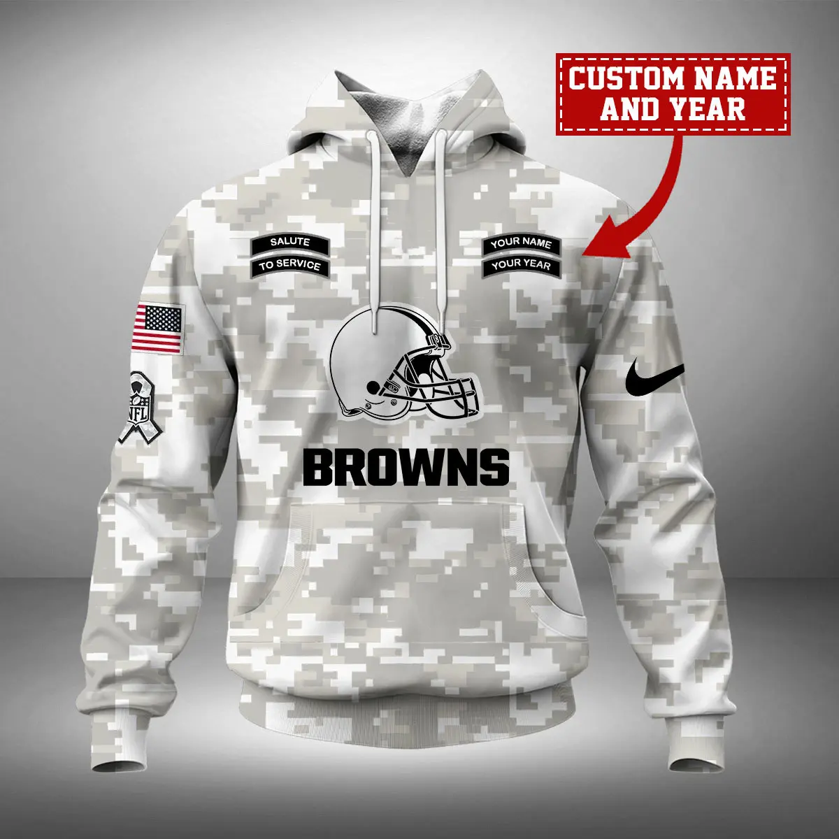 Cleveland Browns NFL Arctic Camo 2024 Salute to Service Custom Name And Year Unisex Hoodie WUH1007
