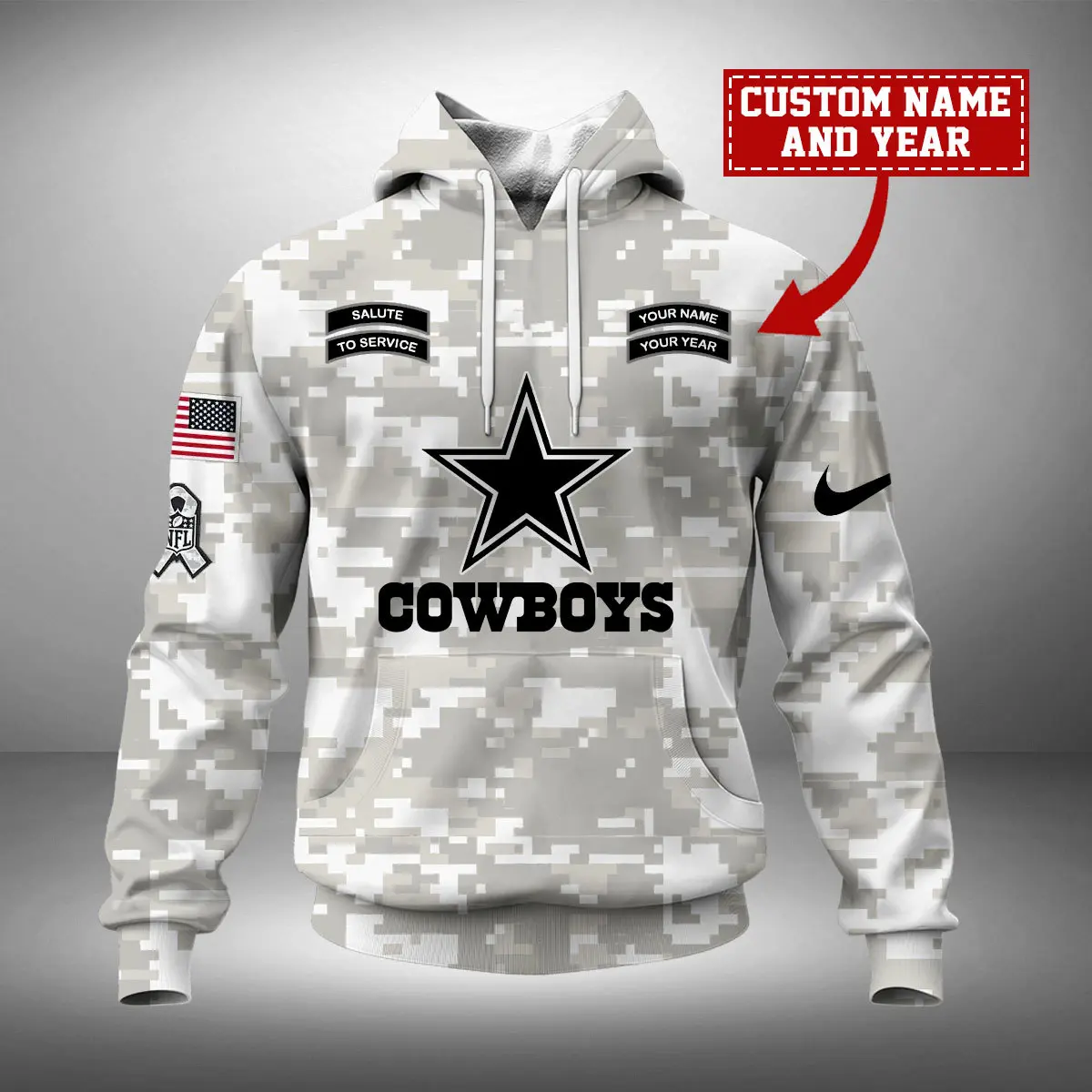 Dallas Cowboys NFL Arctic Camo 2024 Salute to Service Custom Name And Year Unisex Hoodie WUH1006