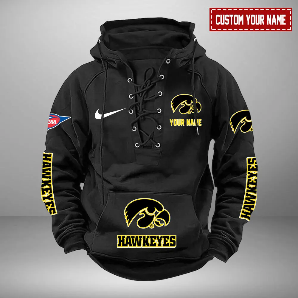 Iowa Hawkeyes NCAA Swoosh Hooded Lace Up Hoodie Vintage Retro Hoodie Custom Name