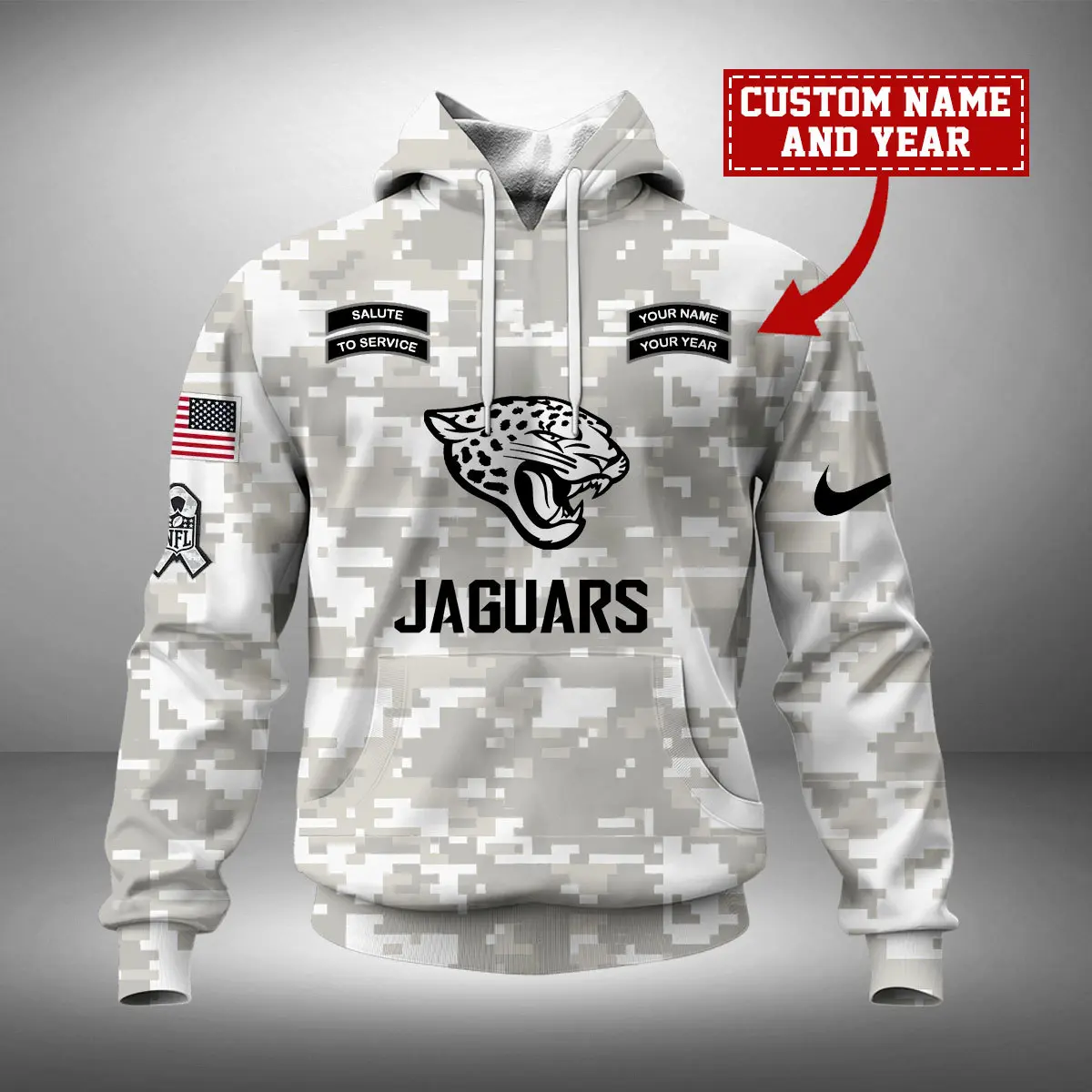 Jacksonville Jaguars NFL Arctic Camo 2024 Salute to Service Custom Name And Year Unisex Hoodie WUH1016