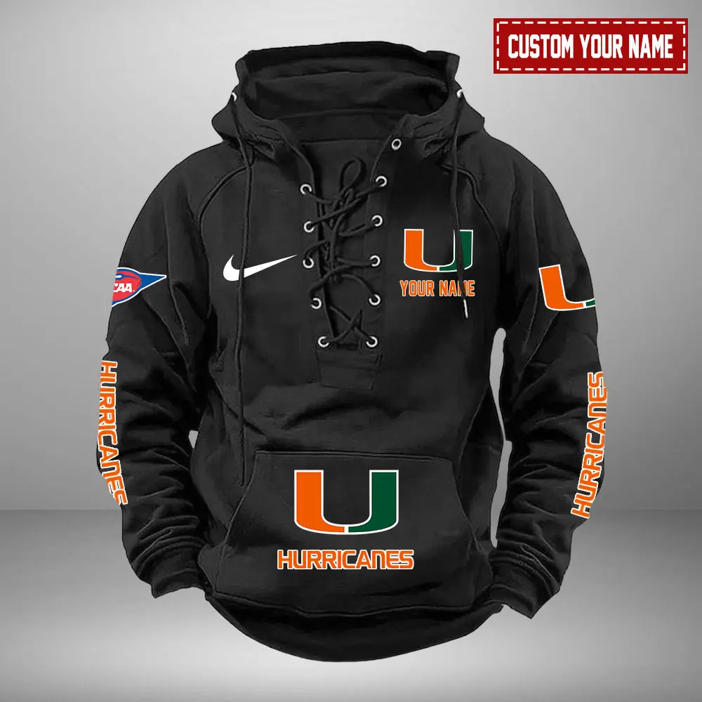 Miami Hurricanes NCAA Swoosh Hooded Lace Up Hoodie Vintage Retro Hoodie Custom Name