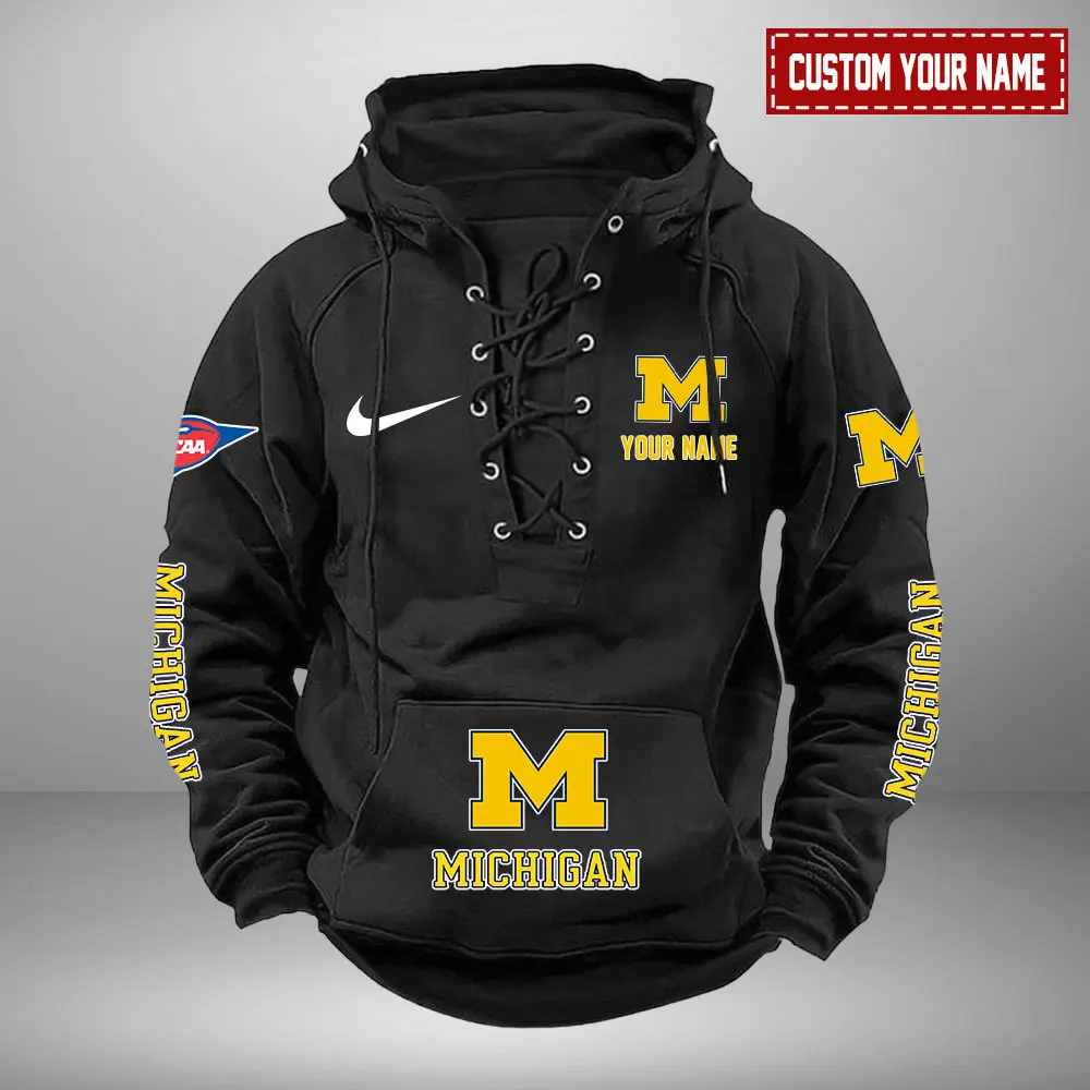 Michigan Wolverines NCAA Swoosh Hooded Lace Up Hoodie Vintage Retro Hoodie Custom Name