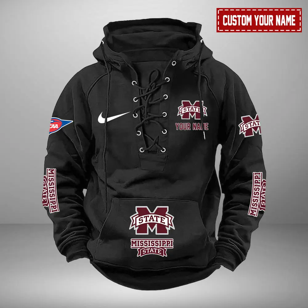 Mississippi State Bulldogs NCAA Swoosh Hooded Lace Up Hoodie Vintage Retro Hoodie Custom Name