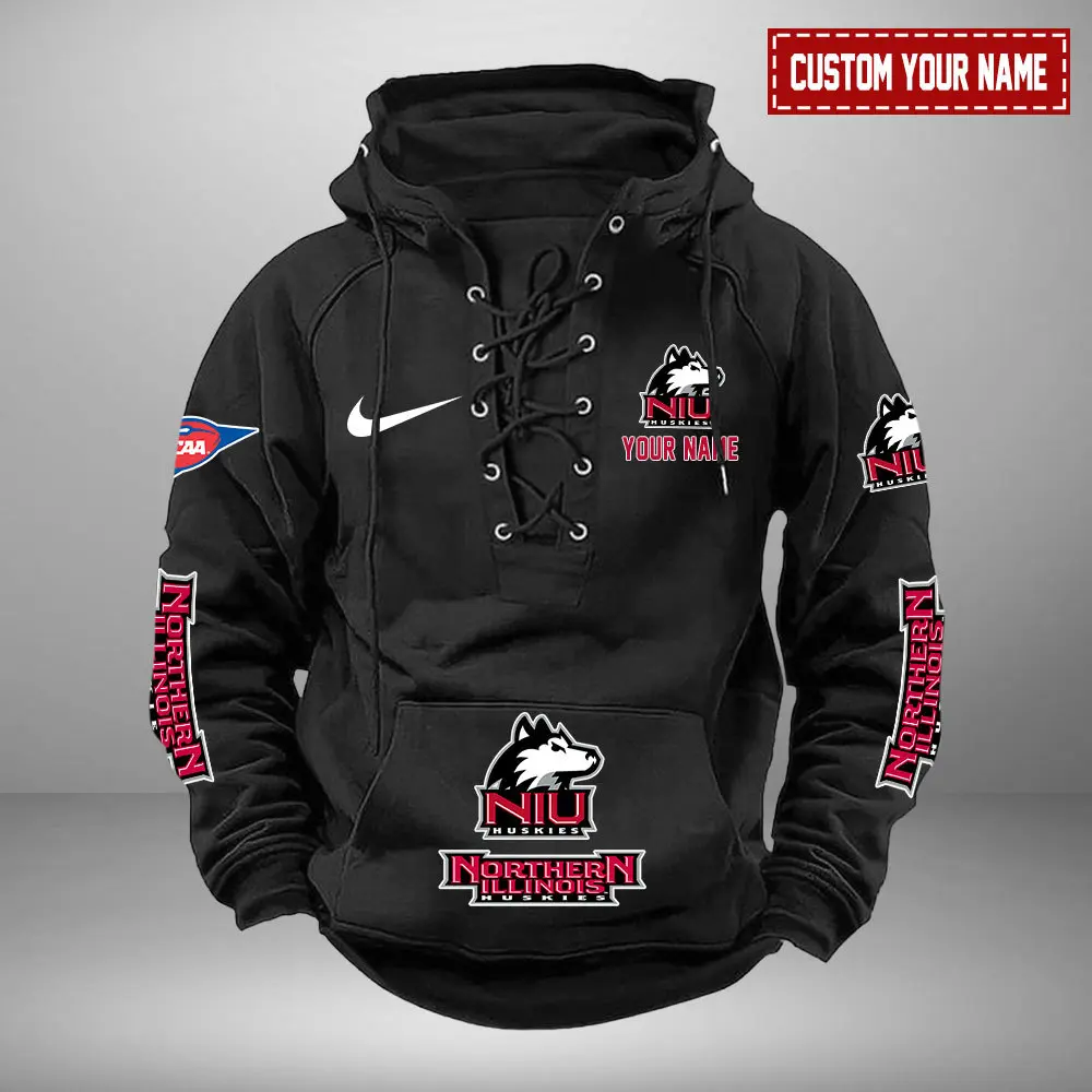 Northern Illinois Huskies NCAA Swoosh Hooded Lace Up Hoodie Vintage Retro Hoodie Custom Name