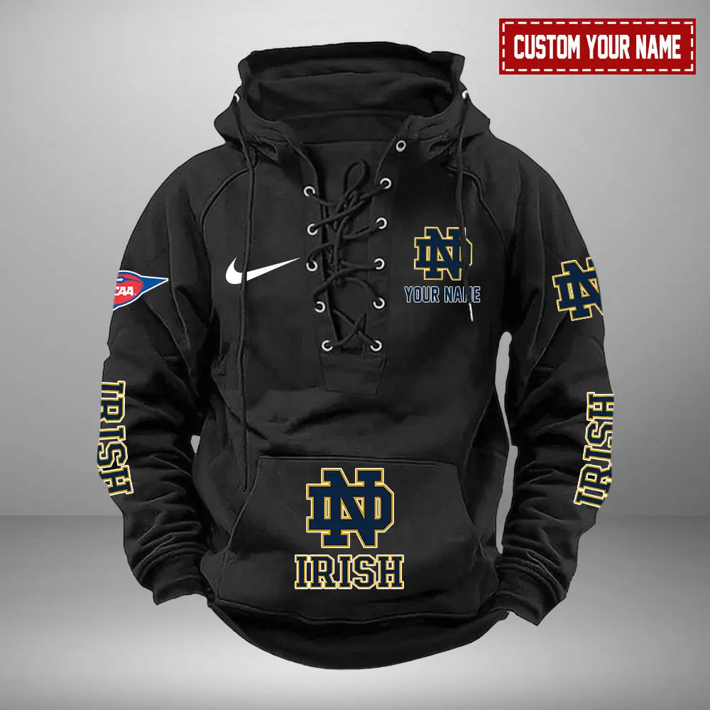 Notre Dame Fighting Irish  NCAA Swoosh Hooded Lace Up Hoodie Vintage Retro Hoodie Custom Name