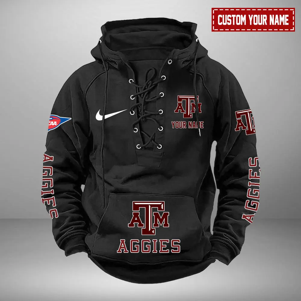 Texas A&M Aggies NCAA Swoosh Hooded Lace Up Hoodie Vintage Retro Hoodie Custom Name