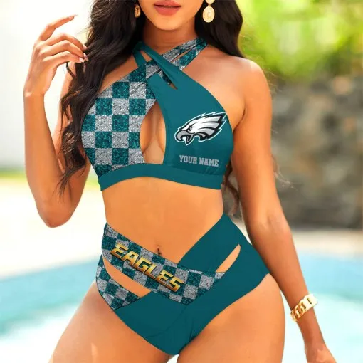 Philadelphia Eagles Women's 2PCS Bikini Swimsuit Crisss Cross Cutout Bathing Suit ACC1085