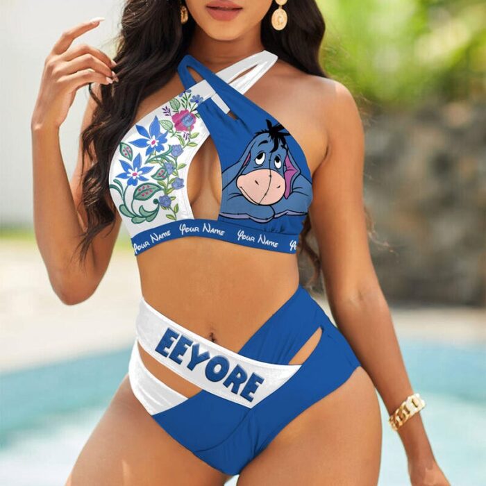 Custom Eeyore Floral Women's 2PCS Bikini Swimsuit Crisss Cross Cutout Bathing Suit EBN1058