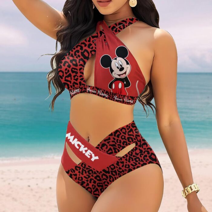 Custom Mickey Mouse Leopard Women's 2PCS Bikini Swimsuit Crisss Cross Cutout Bathing Suit EBN1075
