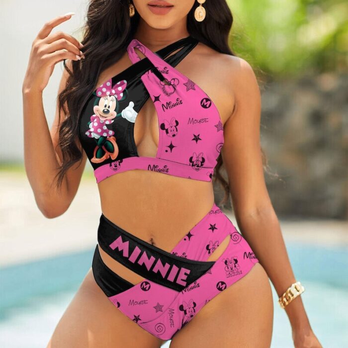 Custom Minnie Mouse Women's 2PCS Bikini Swimsuit Crisss Cross Cutout Bathing Suit EBN1053