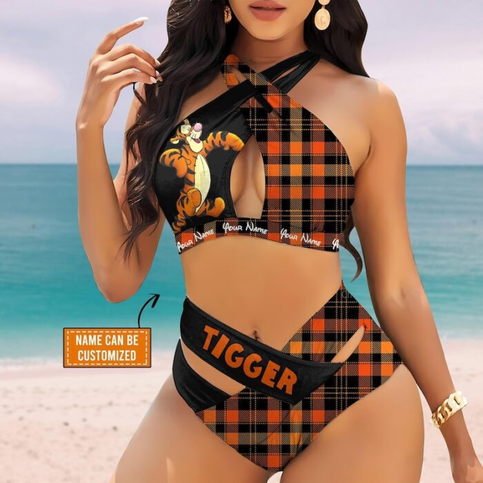 Custom Tigger Striped Pattern Women's 2PCS Bikini Swimsuit Crisss Cross Cutout Bathing Suit EBN1020
