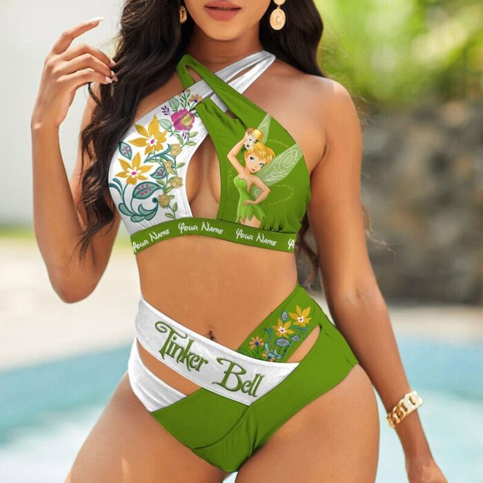 Custom Tinkerbell Women's 2PCS Bikini Swimsuit Crisss Cross Cutout Bathing Suit EBN1059