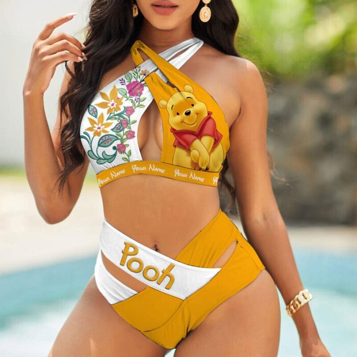 Custom Winnie-the-Pooh Floral Women's 2PCS Bikini Swimsuit Crisss Cross Cutout Bathing Suit EBN1038