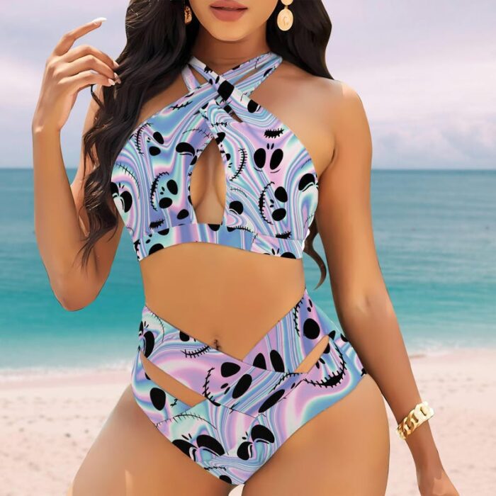 Jack Skellington Women's 2PCS Bikini Swimsuit Crisss Cross Cutout Bathing Suit EBN1017