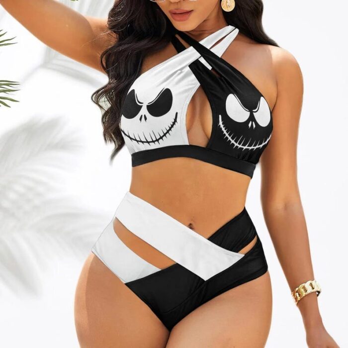 Jack Skellington Women's 2PCS Bikini Swimsuit Crisss Cross Cutout Bathing Suit EBN1055