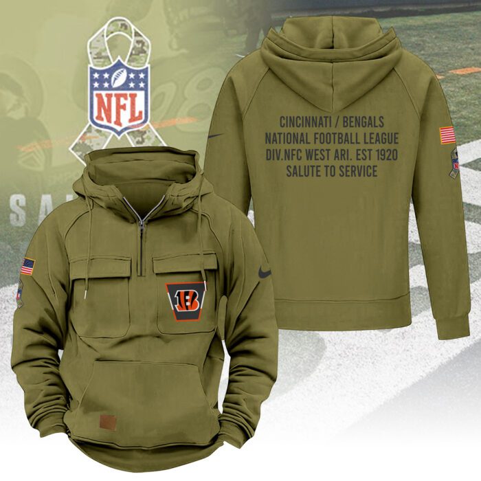 Cincinnati Bengals 2025 Salute to Service Military Green Vintage Quarter Zip Hoodie