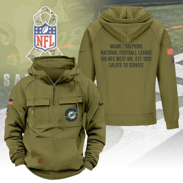 Miami Dolphins 2025 Salute to Service Military Green Vintage Quarter Zip Hoodie