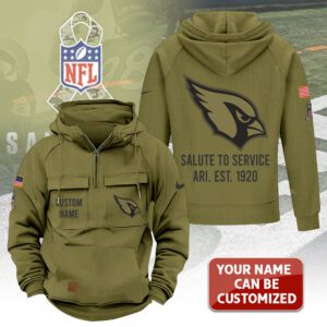 Personalized Arizona Cardinals 2025 Salute to Service Military Green Vintage Quarter Zip Hoodie