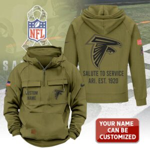 Personalized Atlanta Falcons 2025 Salute to Service Military Green Vintage Quarter Zip Hoodie