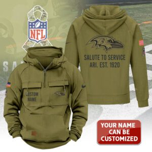 Personalized Baltimore Ravens 2025 Salute to Service Military Green Vintage Quarter Zip Hoodie