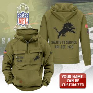 Personalized Detroit Lions 2025 Salute to Service Military Green Vintage Quarter Zip Hoodie