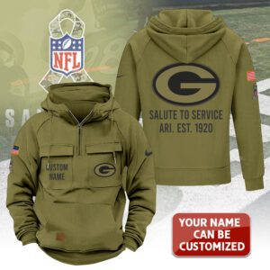 Personalized Green Bay Packers 2025 Salute to Service Military Green Vintage Quarter Zip Hoodie