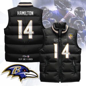 Baltimore Ravens Unisex Puffer Vest Sleeveless Down Jacket- Black / Kyle Hamilton - 14