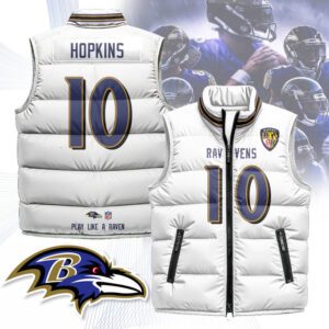 Baltimore Ravens Unisex Puffer Vest Sleeveless Down Jacket- White / DeAndre Hopkins - 10