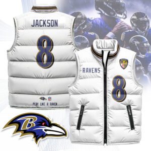 Baltimore Ravens Unisex Puffer Vest Sleeveless Down Jacket- White / Lamar Jackson - 8