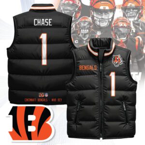Cincinnati Bengals Unisex Puffer Vest Sleeveless Down Jacket- Black / Ja'Marr Chase - 1
