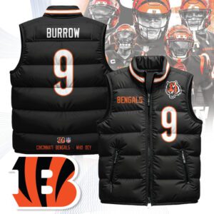 Cincinnati Bengals Unisex Puffer Vest Sleeveless Down Jacket- Black / Joe Burrow - 9