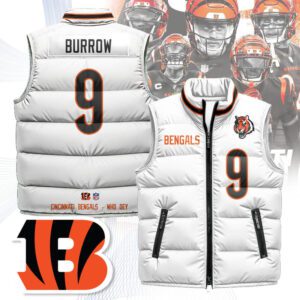 Cincinnati Bengals Unisex Puffer Vest Sleeveless Down Jacket- White / Joe Burrow - 9