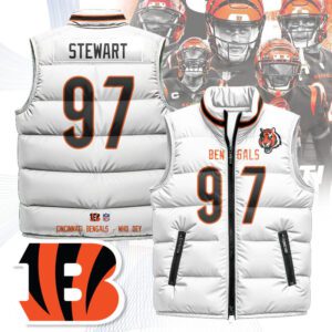 Cincinnati Bengals Unisex Puffer Vest Sleeveless Down Jacket- White / Shemar Stewart - 97