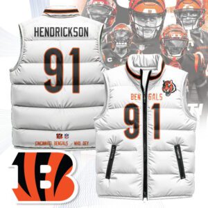 Cincinnati Bengals Unisex Puffer Vest Sleeveless Down Jacket- White / Trey Hendrickson - 91