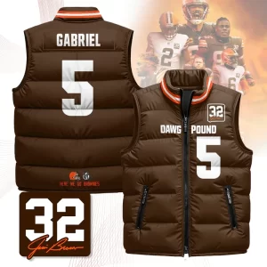 Cleveland Browns Unisex Puffer Vest Sleeveless Down Jacket- Brown / Dillon Gabriel-5