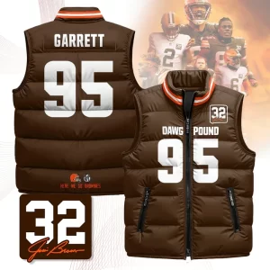Cleveland Browns Unisex Puffer Vest Sleeveless Down Jacket- Brown / Myles Garrett-95