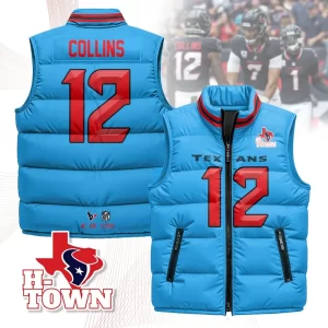 Houston Texans Unisex Puffer Vest Sleeveless Down Jacket- Blue / Nico Collins-12
