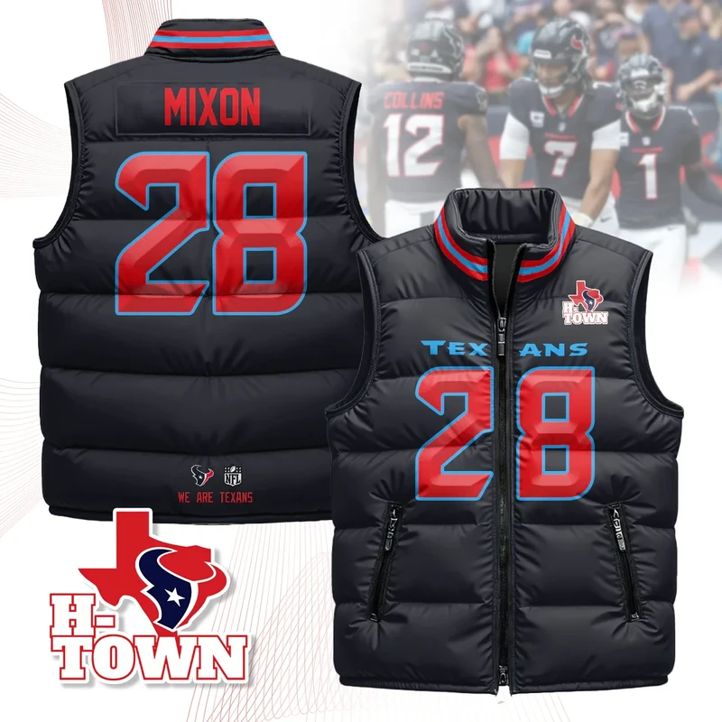 Houston-Texans-Unisex-Puffer-Vest-Sleeveless-Down-Jacket-Navy-Joe-Mixon-28 Houston Texans Unisex Puffer Vest Sleeveless Down Jacket- Navy / Joe Mixon-28
