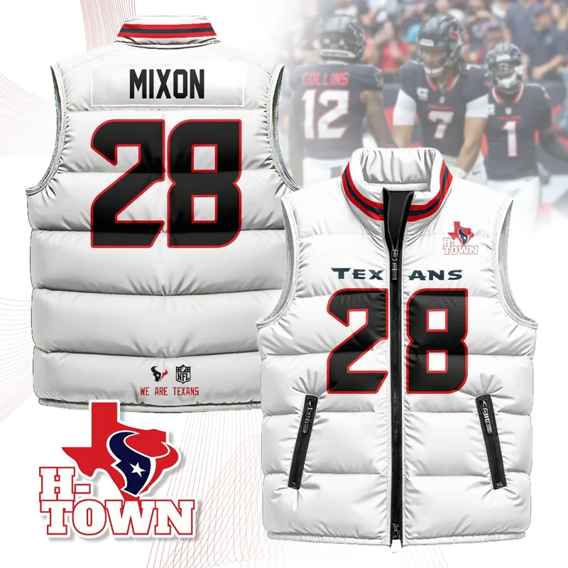 Houston-Texans-Unisex-Puffer-Vest-Sleeveless-Down-Jacket-White-Joe-Mixon-28 Houston Texans Unisex Puffer Vest Sleeveless Down Jacket- White / Joe Mixon-28