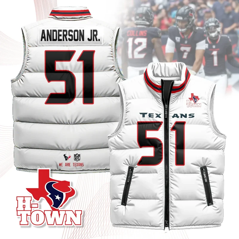 Houston-Texans-Unisex-Puffer-Vest-Sleeveless-Down-Jacket-White-Will-Anderson-Jr.-51 Houston Texans Unisex Puffer Vest Sleeveless Down Jacket- White / Will Anderson Jr.-51