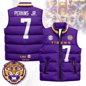 LSU Tigers Unisex Puffer Vest Sleeveless Down Jacket- Purple / Harold Perkins Jr. - 7