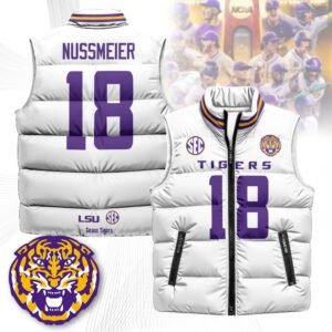 LSU Tigers Unisex Puffer Vest Sleeveless Down Jacket- White / Garrett Nussmeier - 18