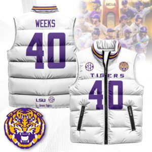 LSU Tigers Unisex Puffer Vest Sleeveless Down Jacket- White / Whit Weeks - 40