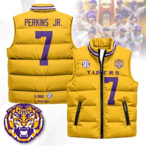 LSU Tigers Unisex Puffer Vest Sleeveless Down Jacket- Yellow / Harold Perkins Jr. - 7